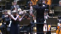 An orchestra's string section behind a first violinist and conductor. The first violinist's instrument is flying through the air.