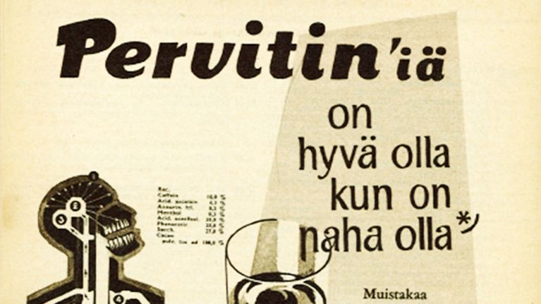 Pervitin-särkylääkkeen mainos Kouluradio-lehdessä.