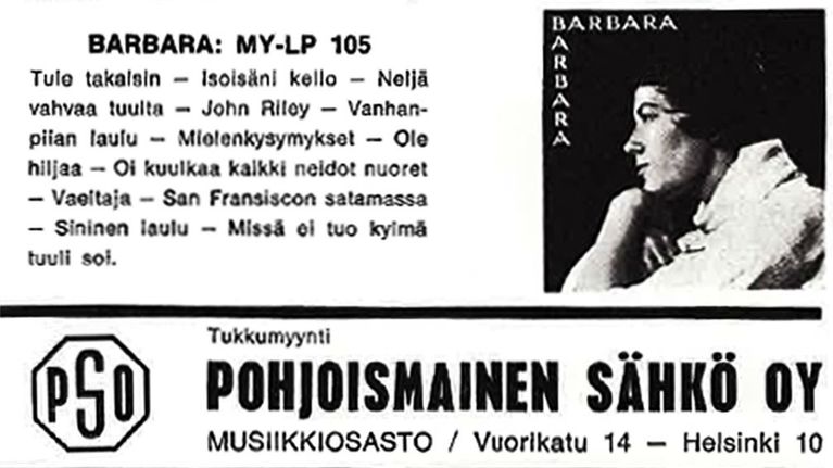 Pohjoismainen Sähkö Oy:n mainos Barbara Helsingiuksen lp-levystä Iskelmä-lehdessä 5/1966.