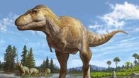 Piirroskuva takajaloilla seisovasta dinosauruksesta maisemassa, jossa kasvaa muinaispuita. 