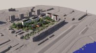 Havainnekuvan rakennusten sijoittumisesta Saarijärventien varteen, niin sanottujen Hakatalojen tontille Jyväskylässä. 