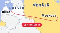 Kartta Yhdysvaltain puolustusvoimien lentokoneen reitistä Riikasta Moskovaan.