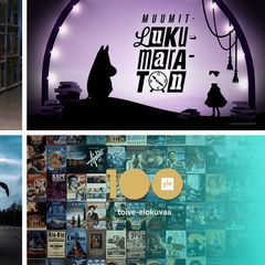 Kuvassa on neljä eri mainoskuvaa Ylen ohjelmista ja tapahtumista liittyen Yle 100 -juhlavuoteen.
