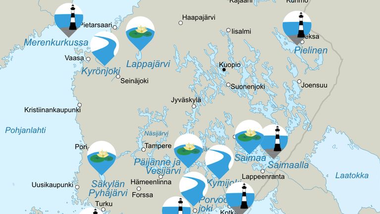 Suomen kartta ja erilaisia symbolia jokien ja järvien päällä. 