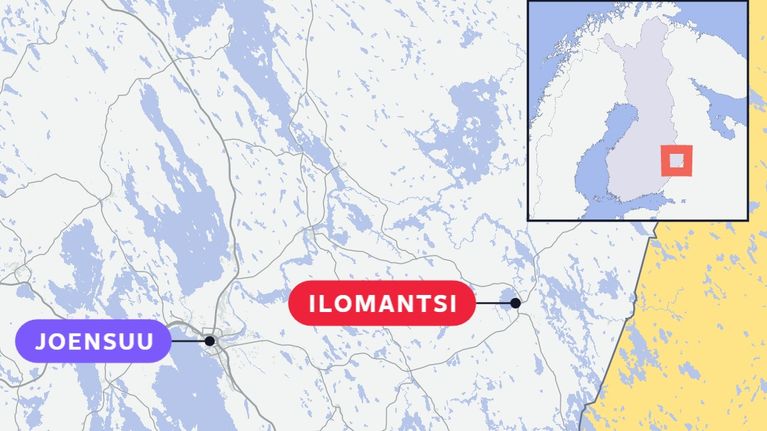 Map showing the towns of Joensuu and Ilomantsi in eastern Finland. 