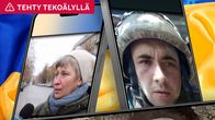 Kuvat puhelimissa, joissa sotilaita ja nainen haastateltavana. Taustalla ruttuinen Ukrainan lippu.