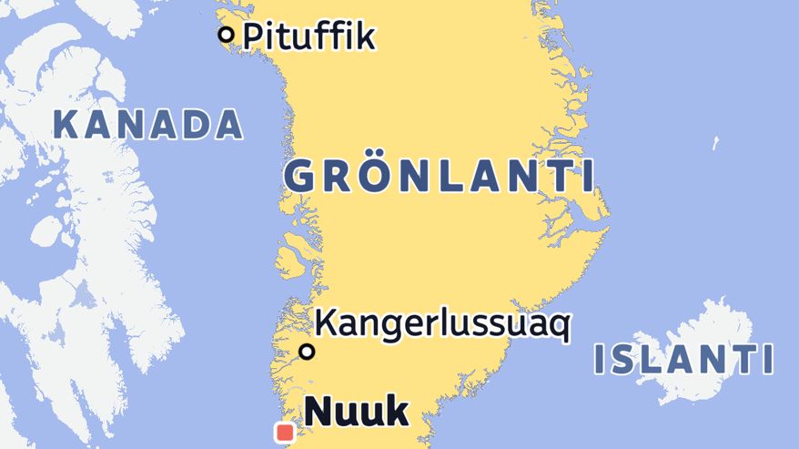 Kartta Grönlannista, pääkaupunki Nuuk, Kangerlussuaq ja Pituffik. 