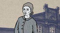 Illustration på kvinna i historisk fångdräkt framför 1800-tals fängelsefasad.