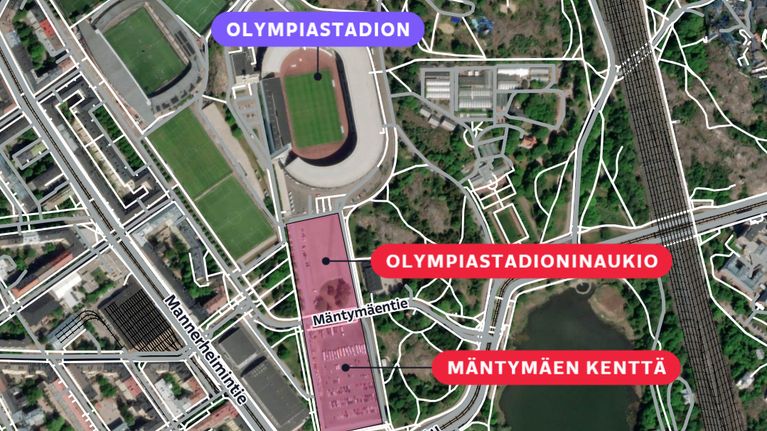 Kartta, jossa näkyy Mäntymäenkenttä ja Stadioninaukio.