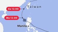 Kartta, jossa näkyy taifuunin liikkeet Filippiinien ja Taiwanin alueella.