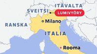 Kartta, johon on merkattu lumivyöryn paikka Pohjois-Italiassa lähellä Sveitsin rajaa.