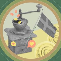 Kuvassa on vanhanaikainen kahvimylly johon menee kahvipapuja ja jonka lokeroon on laitettu Ruotsin lippu.