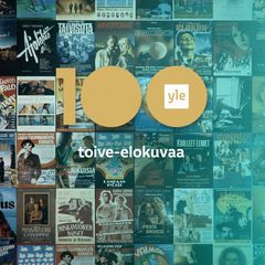Kollaasissa kymmeniä suomalaisten elokuvien mainosjulisteita eri vuosikymmeniltä, päällä turkoosi värihäivytys ja tyylitelty teksti: 100 toive-elokuvaa, toisen nollan sisällä Ylen logo.