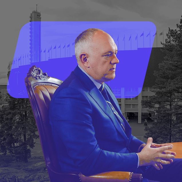 Käsitellyssä kuvassa Ukrainan suurlähettiläs Myhailo Vydoinyk taustanaan Helsingin olympiastadion.