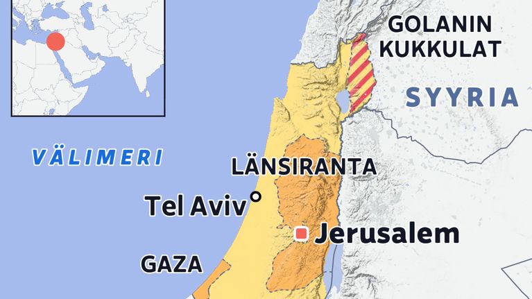 Kartta Israelin, Gazan ja Länsirannan sijainnista Lähi-Idässä.
