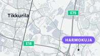 Kartta: Harmokuja sijaitsee Hakunilassa, lähellä E75-tietä.