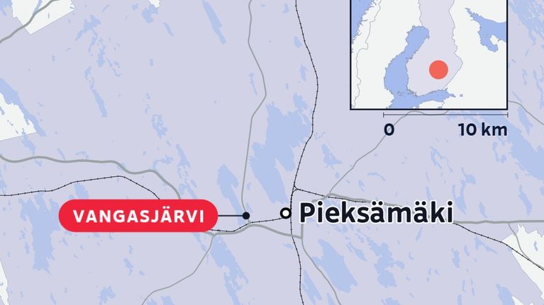 Karta över området kring Pieksämäki i Finland med platsen Vangasjärvi markerad i rött.