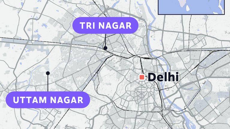 Kartta Delhin alueista Tri Nagar ja Uttam Nagar Intian pääkaupungissa.