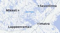Kartta, jossa näkyy Saimaa, Savonlinna, Mikkeli, Lappeenranta ja Imatra.