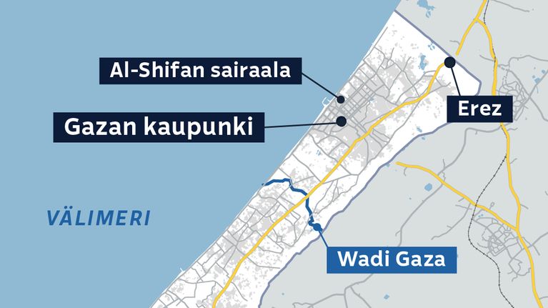 Kartalla Gazan kaupunki ja Al-Shifan sairalla Gazassa.