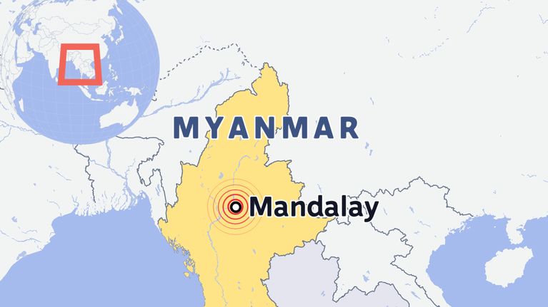Myanmarin maanjäristys 28.3.2025 kartalla.