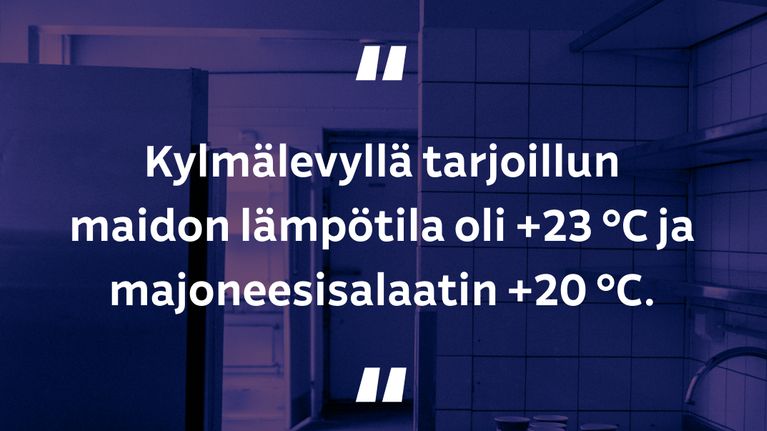 Kortti jossa on teksti: "Kylmälevyllä tarjoillun maidon lämpötila oli +23 °C ja majoneesisalaatin +20 °C.".