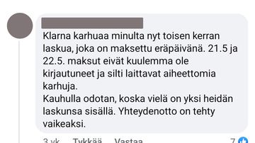 Kuvakaappaus Klarnan Facebook-sivuston kommenteista.