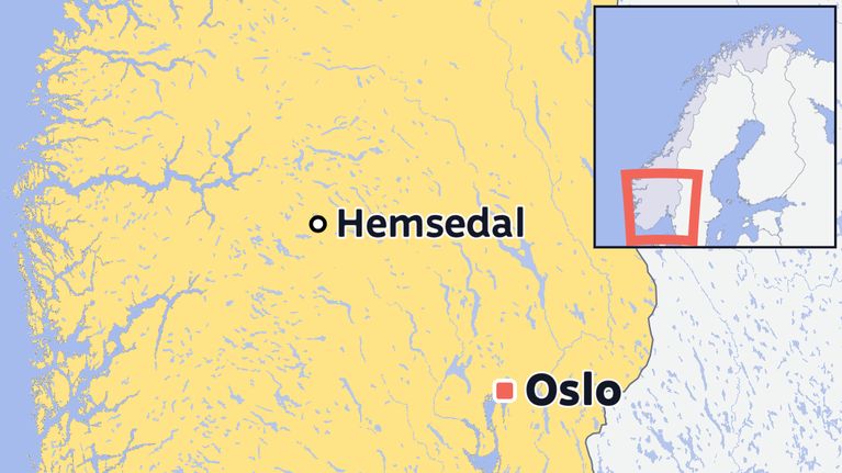Karttakuva Norjan Hemsedalin ja Oslon sijainneista.