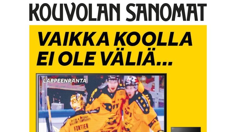 Lappeenrannan jääkiekkojoukkue juhlii maaliaan mainoskuvassa, joka kannustaa kisakatsomon seuraamiseen.