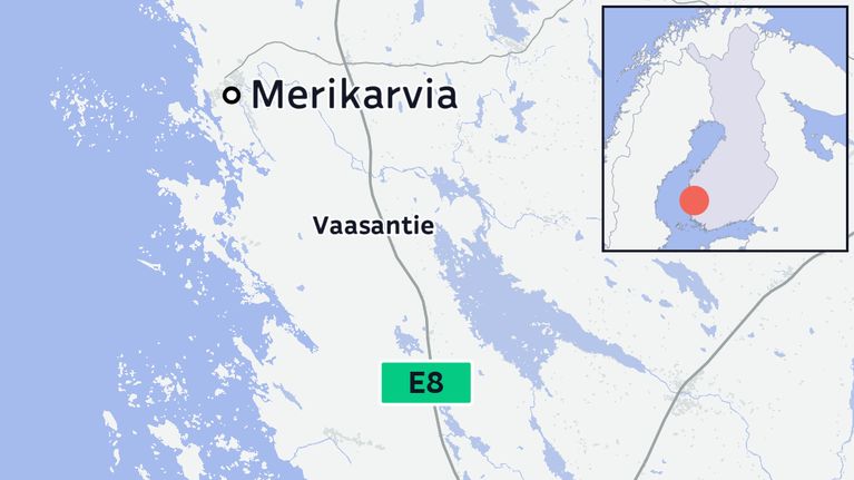 Kartta näyttää Merikarvian ja Vaasantien E8 sijainnin Satakunnassa.