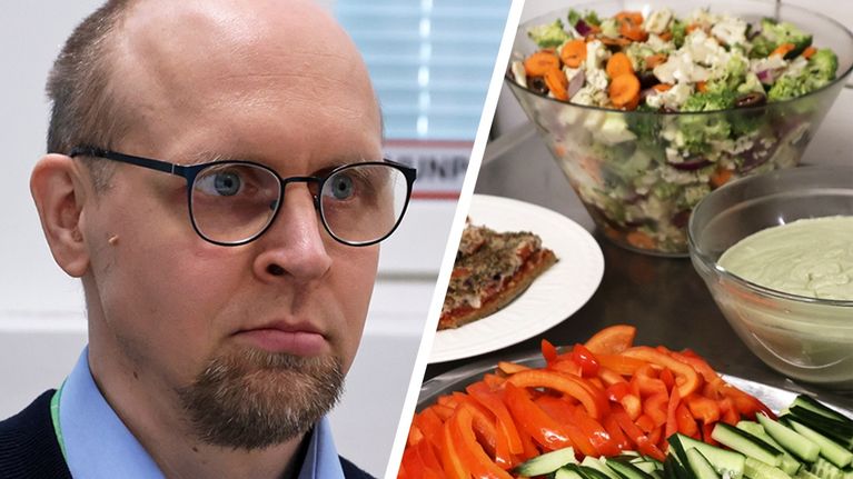 Kahden kuvan kuvakombo, jossa kuvat Ville Miettisestä ja kasvisruokakurssilla valmistetuista tarjoiltavista.