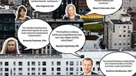 Helsingin poliitikkojen päitä ja puhekuplia liitettynä ilmasta otettuun Kalasataman korttelikuvaan. 