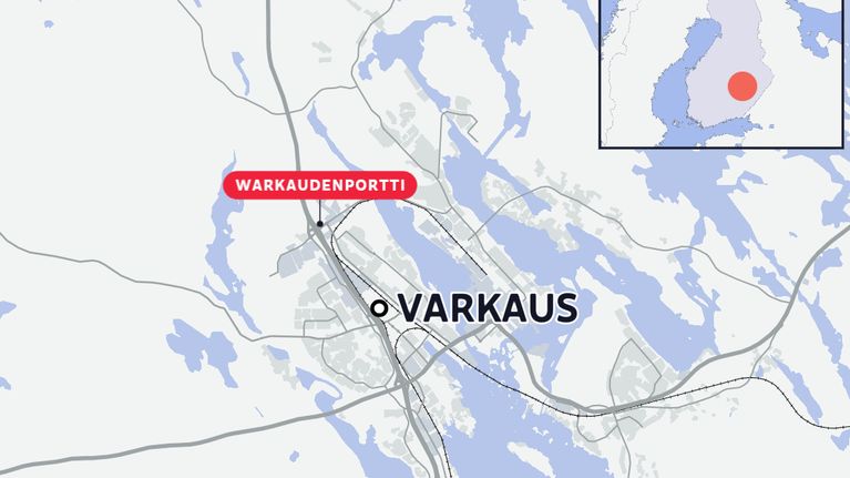 Karttakuva Varkaudesta ja sen ympäristöstä, Warkaudenportti merkitty punaisella. Yläkulmassa paikannus Suomen kartalla.