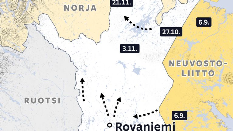 Lapin sotaa käsittelevä kartta, joka esittää suomalaisjoukkojen pyrkimyksiä karkoittaa Suomessa olleet yli 200 000 saksalaissotilasta rajan yli Norjaan vuonna 1944.