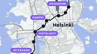 A map of central Helsinki depicting the new tram line.