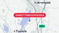 Kartta näyttää onnettomuuspaikan Tuusulan ja Järvenpään välisellä alueella.