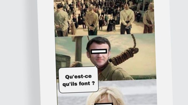 Facebook-mainos esittää Emmanuel Macronia hirttoköysi kaulassa.