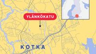 Karttakuva Kotkan alueesta, jossa Ylänkökatu on merkitty punaisella laatikolla; oikeassa yläkulmassa sijaintia kuvaava pienempi kartta.