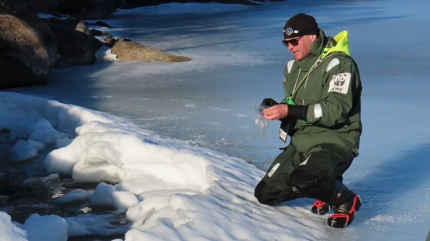Mies on pukautuneena pintapelastuspukuun kyykyssä jäällä pieni muovipussi kädessään. Taustalla näkyy kallioinen ranta ja aurinko paistaa.