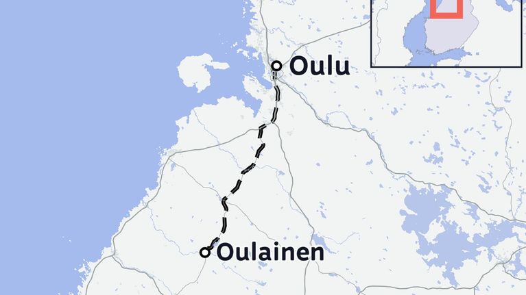 Kartta, josta ilmenee Oulun ja Oulaisten välinen etäisyys.