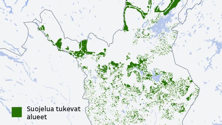 Kartta esittää suojelua tukevien alueiden sijainnin Pohjois-Suomessa.