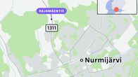 Kartta, jossa näkyy Nurmijärvi, Rajamäentie 1311 ja viittoja sekä sijainti osoitettuna Suomen kartalla.