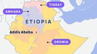 Etiopian kartta, johon on merkitty alueet Amhara, Tigray ja Oromia.