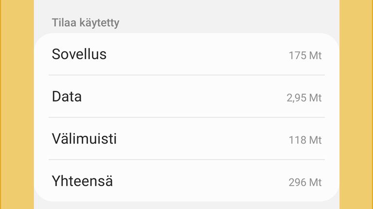Kuvakaappaus puhelimen Youtube-sovelluksen viemästä tilasta. Alalaidassa täppä Tyhjennä välimuisti.