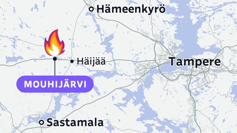 Kartta Mouhijärven maastopalosta.
