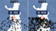 Kuvitus lentoliikenteen kasvusta Rovaniemen lentokentälle. Kuvassa on kaksi Suomen karttaa. Toinen esittää vuoden 2000 kansainvälisiä lentoja Rovaniemelle joita oli 335 kappaletta. Toinen vuoden 2024 lentoja, joita oli 1 574.