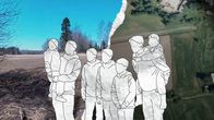 Försvunna familjen Karf åskådliggjord genom en bild på vita ansiktslösa personer på en åker.