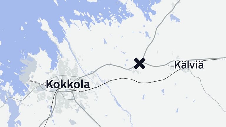 Kartalle merkittynä Kokkolan läheisyydessä tapahtuneen autokolarin paikka.