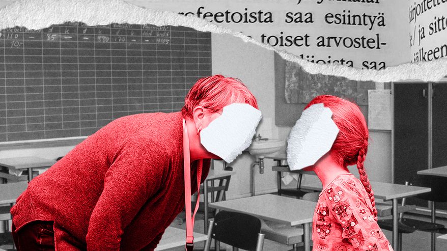Kuvakollaasi, jossa opettaja ja oppilas kasvot peitettyinä.