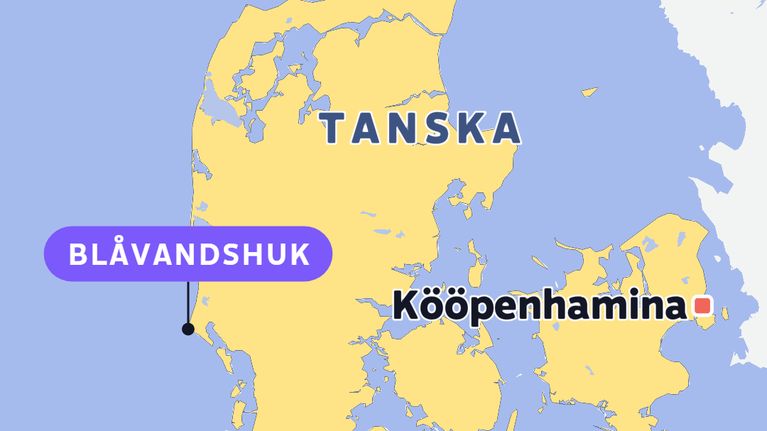 Kartta näyttää Tanskan, jossa on merkittynä Blåvandshuk ja Kööpenhamina.